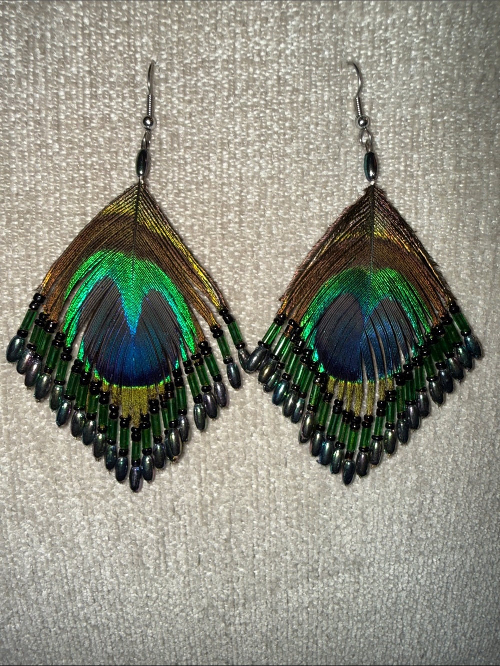 Peacock Feather Drop Earrings - Green & Blue Accent